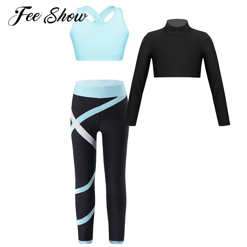 Top Trends: Kids Girls Sports Yoga Running Sets Long Sleeve Crop Top With Sleeveless Bra Top+ Colorblock Leggings Workout Fitness Tracksuits Shoppable Styles