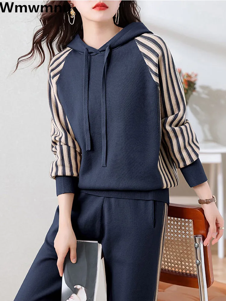 Top Trends: Casual Striped Hooded Sweatshirt Two Piece Set Fall Fashion Drawstring Tops Tracksuit Baggy Running Wear Jogger Pants Conjuntos Shoppable Styles