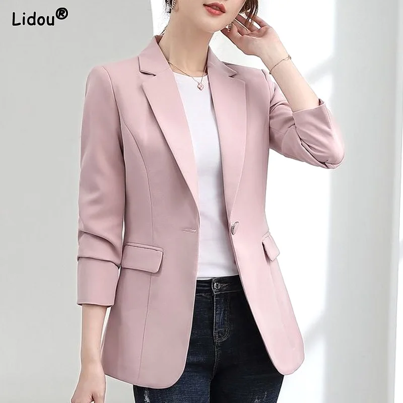 Top Trends: Women's Clothing Solid Color Office Lady Fashion Casual Spring Summer Thin Skinny Notched Pockets Button Intellectual Formal Shoppable Styles