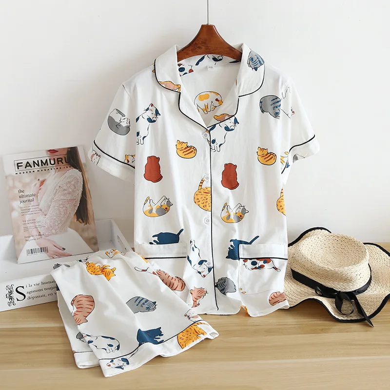 Top Trends: New 100% Cotton Short-sleeved Shorts Ladies Pajamas Set Cute Cartoon Pajamas Japanese Simple Short Pajamas Women Sleepwear Shoppable Styles