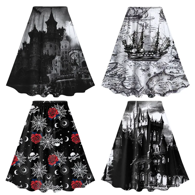 Top Trends: ROSEGAL Plus Size Gothic Skirts 3D Building Skull Spider Web Moon Print Knee Length Skirt Elastic Waist Stretchy Women&#039;s Bottoms Shoppable Styles