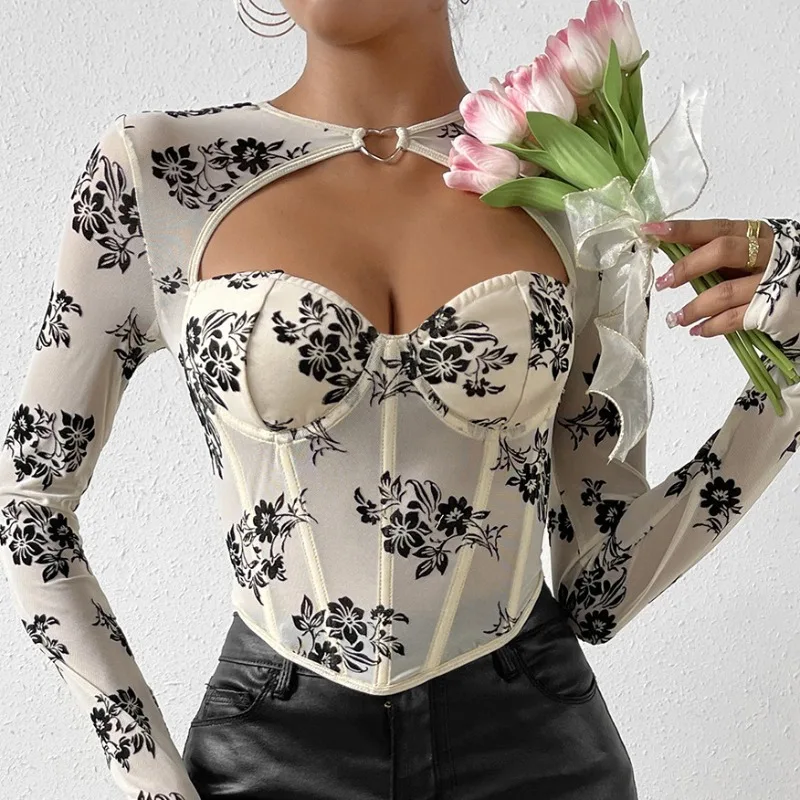 Top Trends: Mesh Printed Hollow Out Long Sleeve Sexy Corset Top Spicy Girl 2023 Autumn Fashion See Through Slim Fit T Shirt Party Clubwear Shoppable Styles