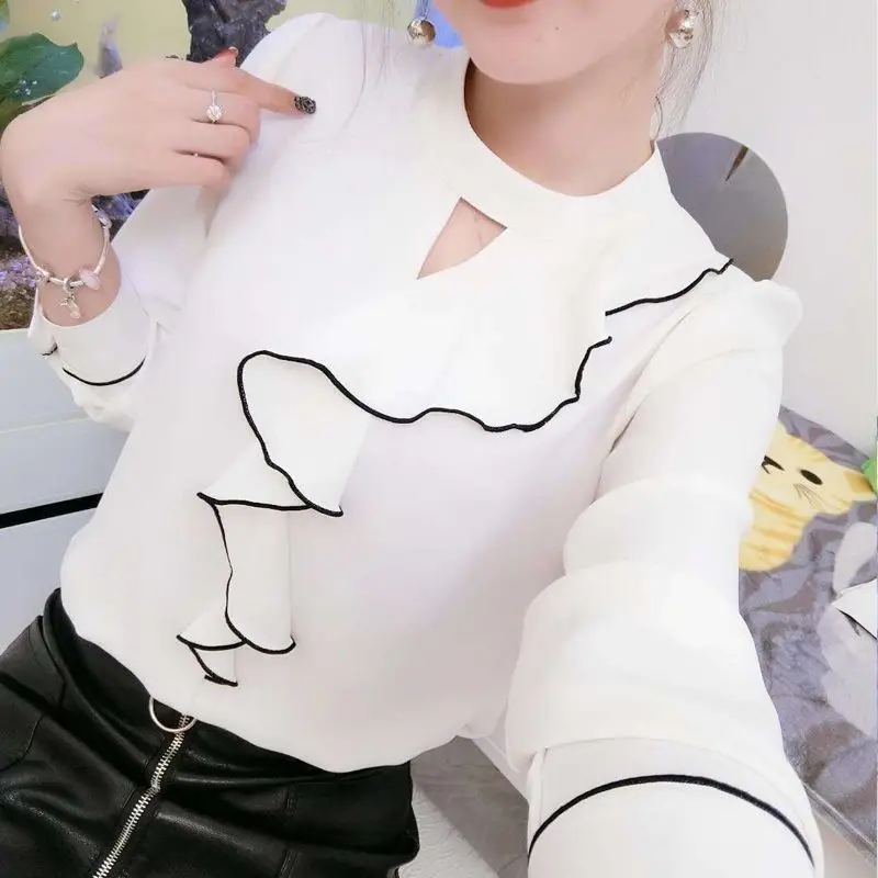 Top Trends: Women Early Autumn New Korean Version Chiffon Ruffles Elegant Solid Color Loose Versatile Temperament Long Sleeves Top Shoppable Styles