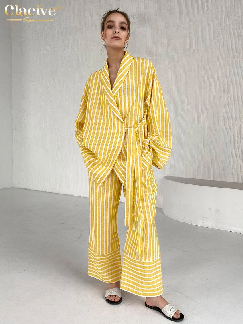 Top Trends: Clacive Casual Yellow Stripe Home Suits Elegant High Waist Wide Pants Set Fashion Long Sleeve Shirts Two Piece Set Women Outfit Shoppable Styles