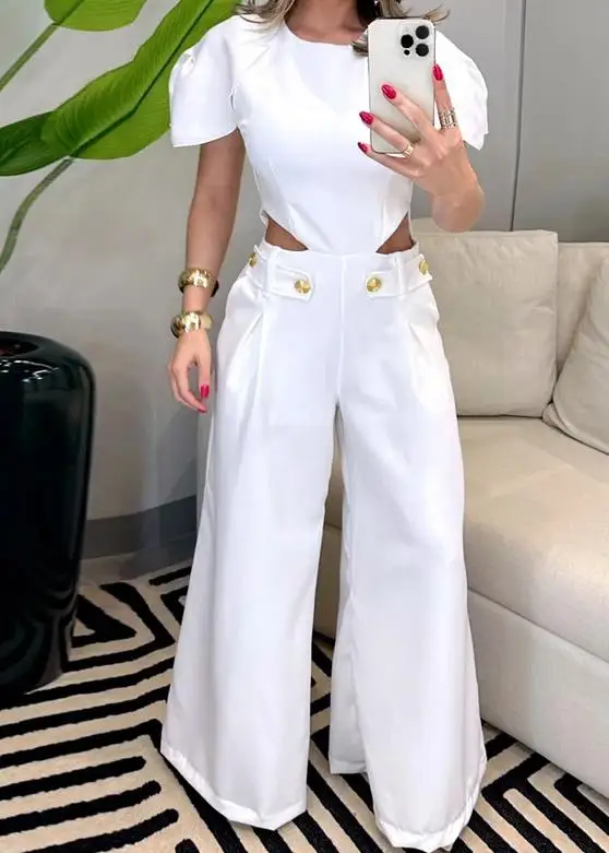 Top Trends: Urban Fashion Women's Bodysuit Hollow Pocket Button Decoration Casual Pants Unique Waist Wide Leg Long Jumpsuit Women 2023 Shoppable Styles