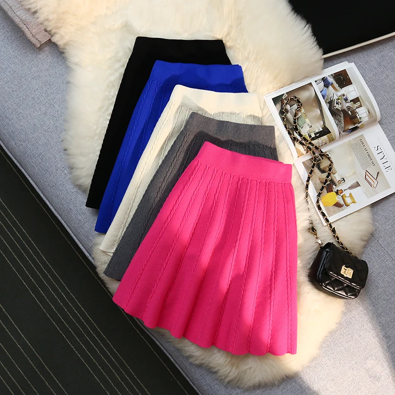 Top Trends: Autumn Winter Short Knitted Skirt Women Casual Elastic Waist A Line Pleated Umbrella Skirt Korean Fashion Ladies Mini Skirts Shoppable Styles