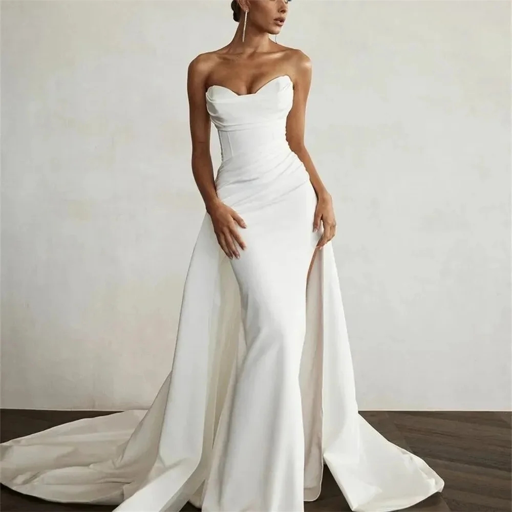 Top Trends: Chic White Satin Wedding Dresses Mermaid Strapless Cheap Bride Dress 2024 Long Train Church Wedding Gowns Pleats Boda Shoppable Styles