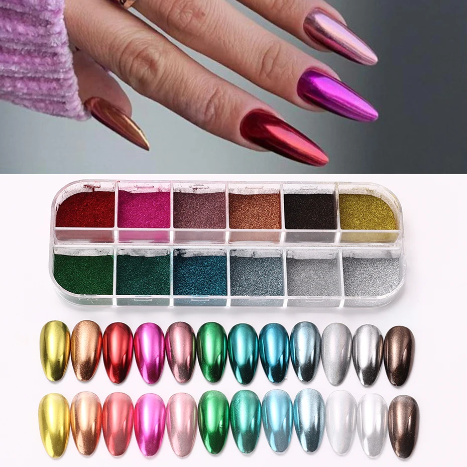 Top Trends: 12Colors Nail Glitter Aurora Mirror Powder Chrome Dust Pigment Paint Dip Metallic Shiny With Magic Effect Dust Manicure Design Shoppable Styles