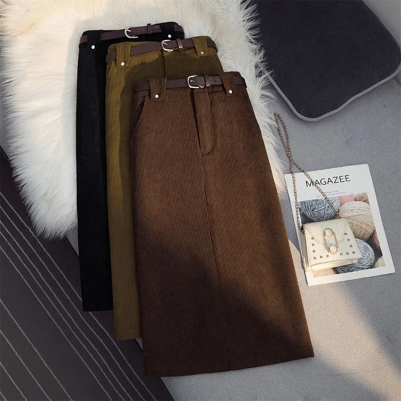 Top Trends: Winter High Waist Straight Slim Brown Corduroy Skirt Women 2023 Autumn And Winter New Split Midi Skirt Women With Belt Shoppable Styles