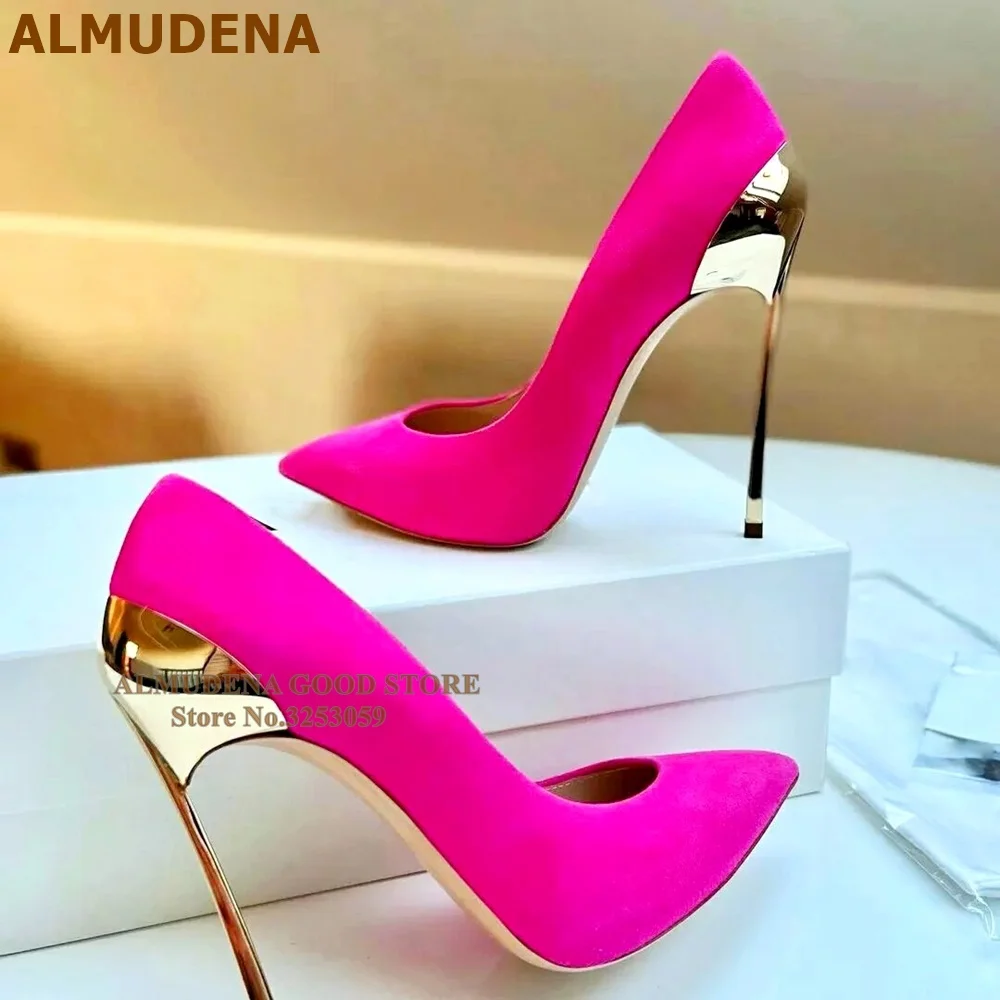 Top Trends: ALMUDENA Gold Silver Metal Blade Heel Pointed Toe Pumps Pink Blue Stiletto Shallow Wedding Shoes Slip-on Party Footwear Shoppable Styles