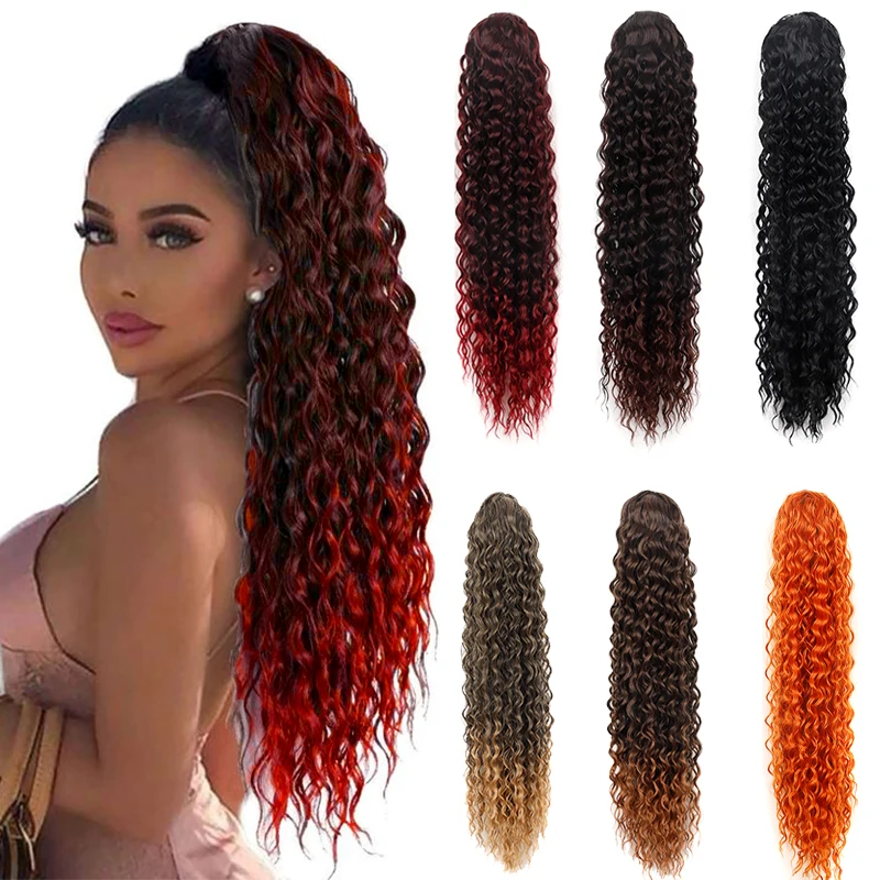 Top Trends: Long Kinky Curly Ponytail Synthetic Drawstring Ponytail Clip-In Hair Extension For Women Ombre Red Natural Curly Fake Hairpiece Shoppable Styles