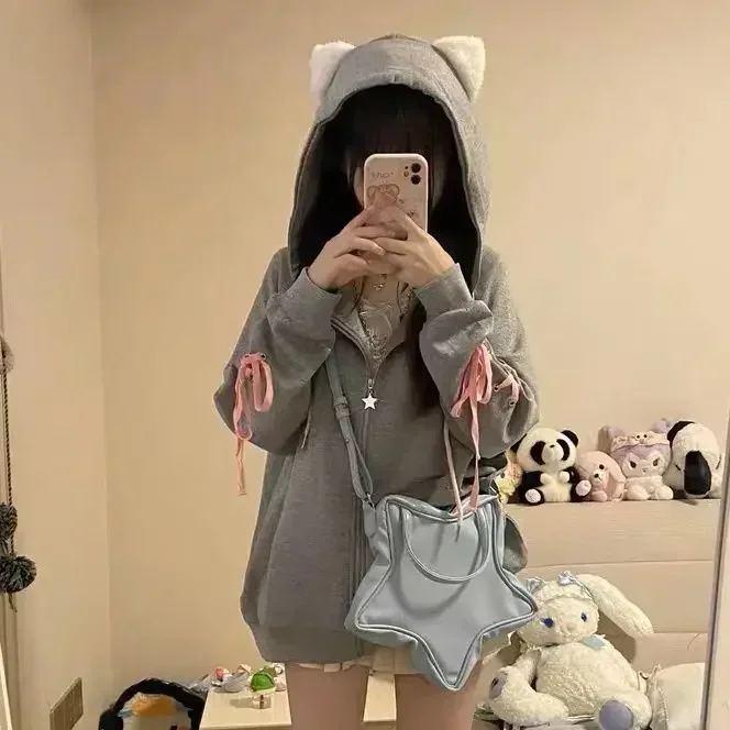 Top Trends: HOUZHOU Kawaii Sweet Harajuku Hoodie Women Japanese Fashion Cute Cat Embroidery Zipper Straps Hooded Sweatshirt Soft Gril 2023 Shoppable Styles - Image 4