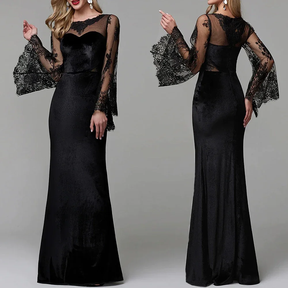 Top Trends: Sheath Modern Mother Of The Bride Dresses Lace O-Neck Black Full Sleeve Wedding Guest Dress Long Satin Women For Wear فساتين الس Shoppable Styles