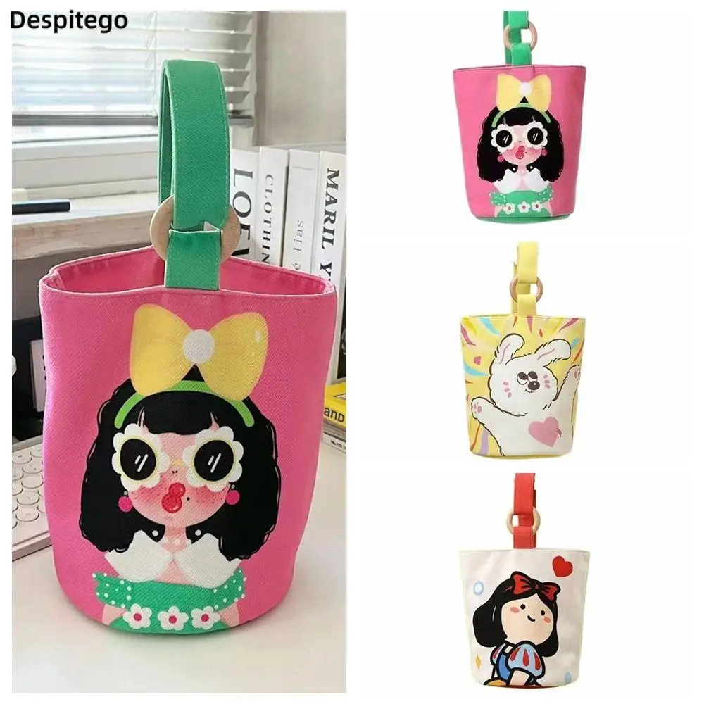 Top Trends: Cartoon Girl Canvas Bucket Bag Korean Style Shoulder Bag Outing Shopping Bag Women Sweet Cute Handbag Student Lunch Bag Shoppable Styles