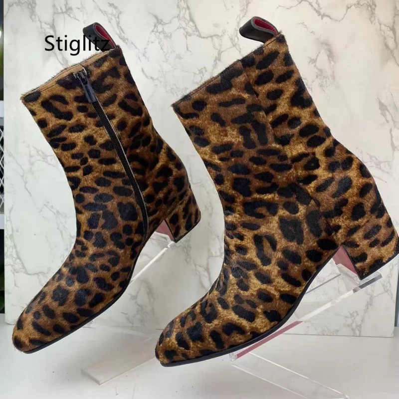 Top Trends: Leopard-Print Horsehair Men's Boots Pointed Toe Zipper High Top Ankle Boots Casual Runway Party Catwalk Shoes Autumn Winter New Shoppable Styles - Image 2