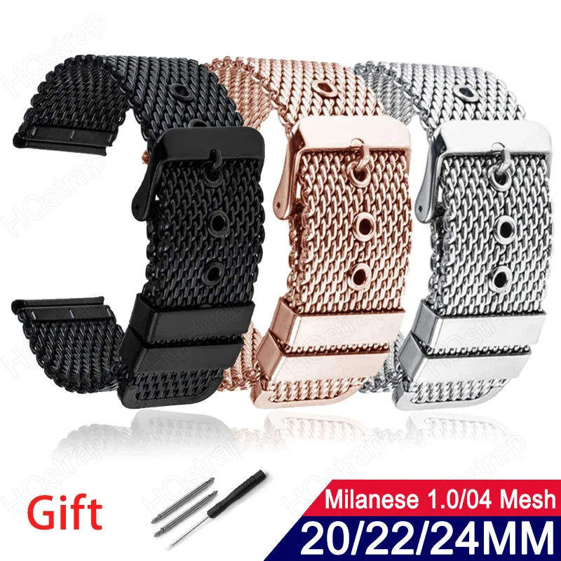 Top Trends: 20mm 22mm 24mm Milanese Watchband Stainless Steel Metal Strap Men Women 1.0mesh 0.4mesh Metal Pin Buckle Bracelet Accessories Shoppable Styles