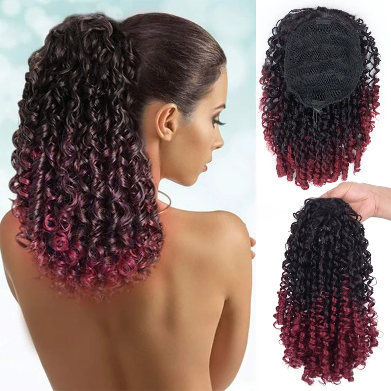 Top Trends: 14 Inch Ombre Red Drawstring Ponytail Extension For Black Women Synthetic Curly Drawstring Ponytail Extensions With 2 Clips On Shoppable Styles