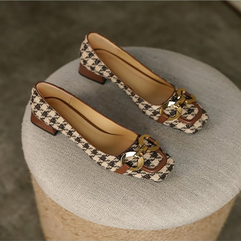 Top Trends: 2022 Houndstooth Retro Women's Shoes Classic 3.5cm Thick Heel Metal Decoration Lady Pumps Simple Square Toe Shallow Mouth Shoppable Styles