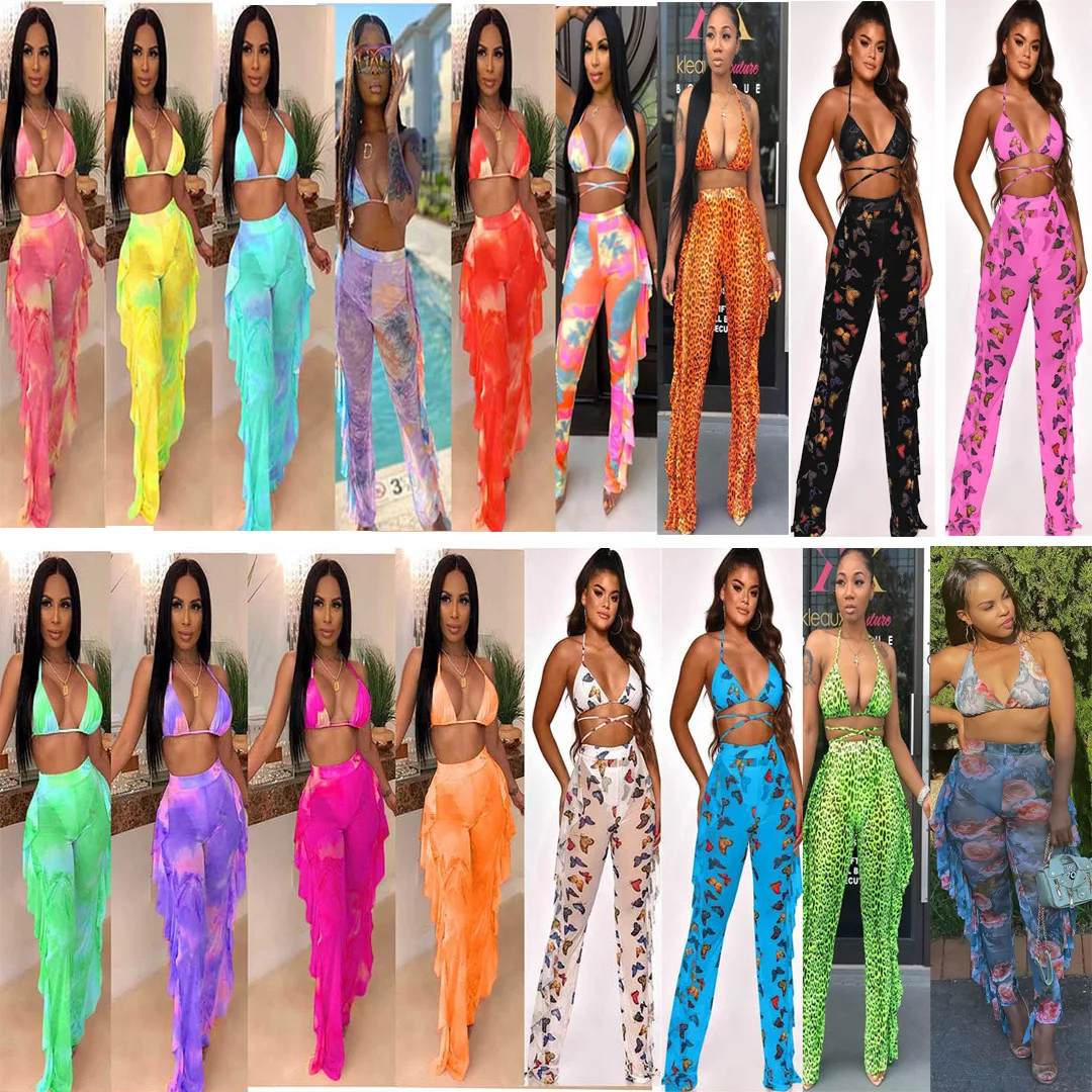 Top Trends: Women Beachwear 2 Piece Swimsuit Lady Bikini Crop Top Bra And Ruffles Flare Pants Beach Fashion Swimwear Two Piece Set Outfits Shoppable Styles