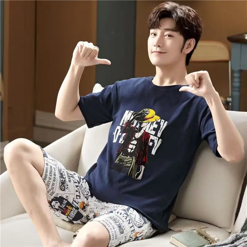 Top Trends: Men's Cotton Pajama Summer Tops With Shorts Japan Anime Style Casual Cozy Cartoon Printed 2 Pieces Sleepwear Casual Pyjama Cozy Shoppable Styles