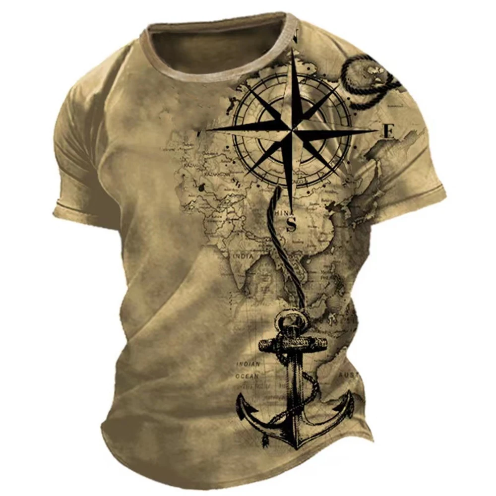 Top Trends: Vintage Men's T-shirt Summer American Shirt Tops Compass Printed Short-sleeve Tees Loose Daily Men Clothing Casual Streetwear Shoppable Styles