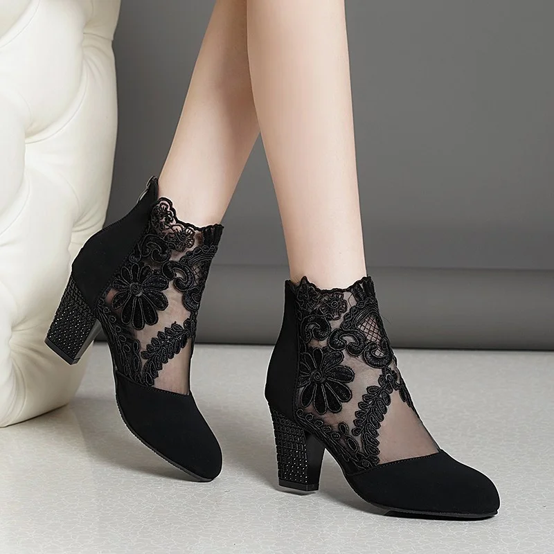 Top Trends: 2023 New Fashion Women High Heels Lace Flower Ankle Strap Hollow Out Sandals Round Toe Zip Pumps Zapatos De Mujer Shoppable Styles