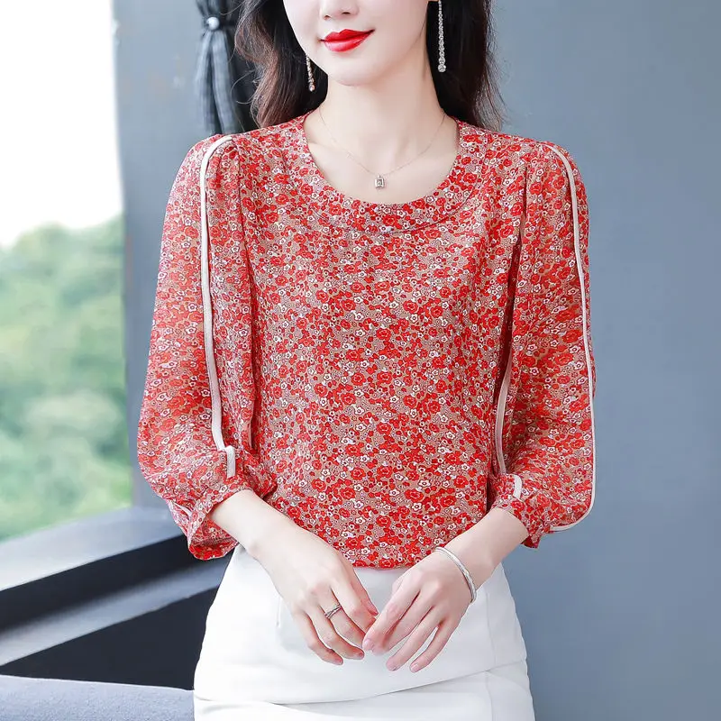 Top Trends: 2023 Spring Summer New Fashion O-Neck Loose Blouse Printing Patchwork Seven Points Sleeved Floral Chiffon Sheer Shirt For Women Shoppable Styles