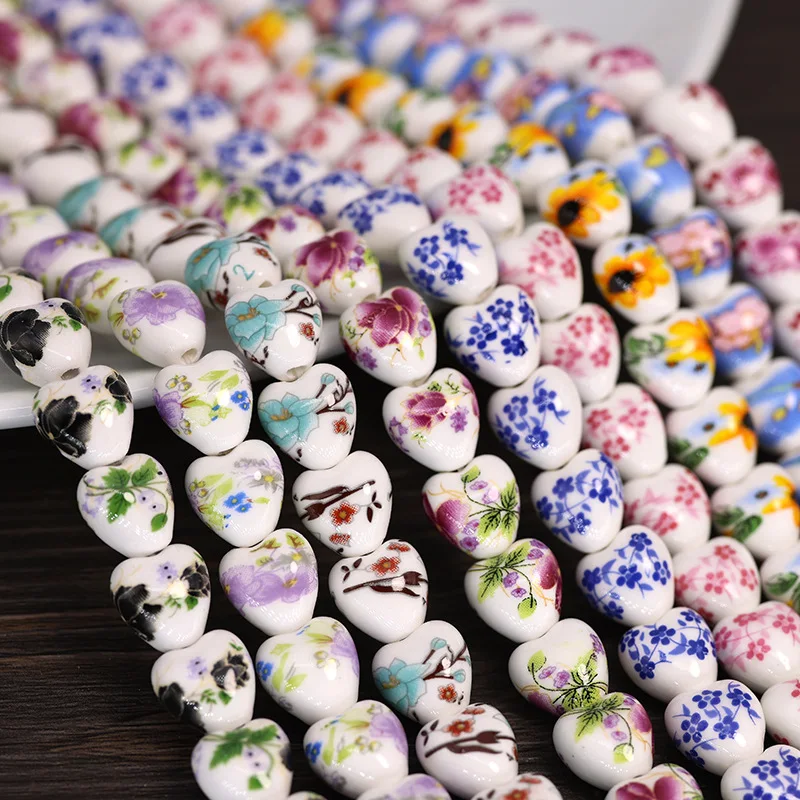 Top Trends: 10pcs Heart Shape 12mm Flower Patterns Ceramic Porcelain Loose Beads For Jewelry Making DIY Bracelet Findings Shoppable Styles