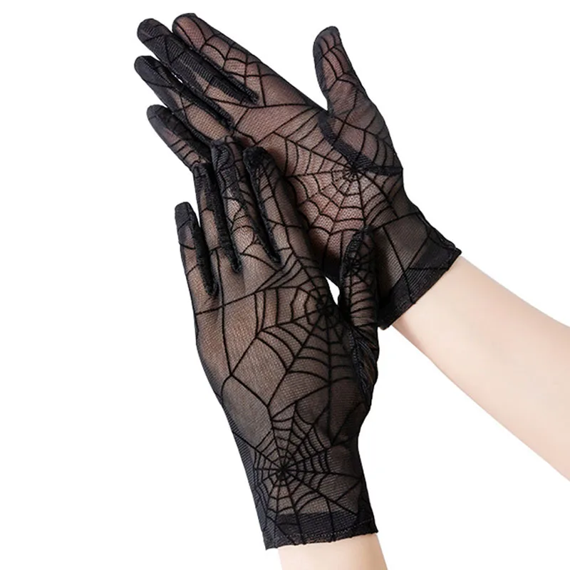 Top Trends: 1 Pair Black Cobweb Full Finger Gloves Women Sexy Transparentes Mesh Tulle Sun Anti-UV Halloween Gloves Female Driving Gloves Shoppable Styles - Image 2