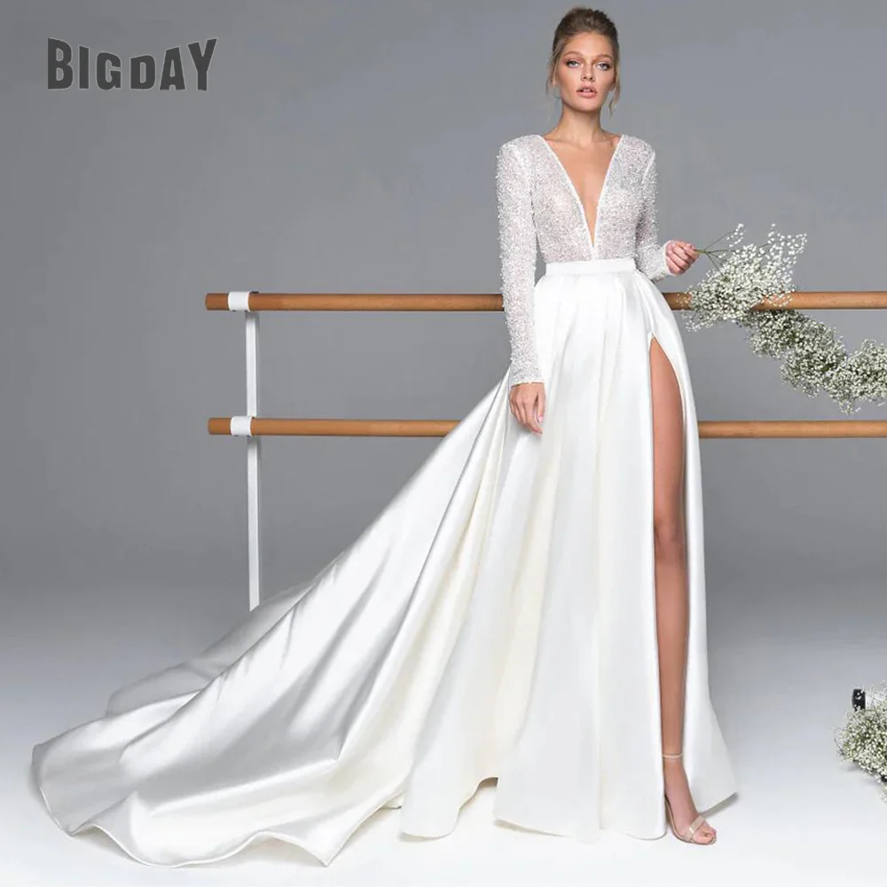 Top Trends: Luxury Long Sleeve Satin Wedding Dress Deep V-Neck Side Split Bridal Party Gown Vestido De Novia Sweep Train Vestidos De Novia Shoppable Styles