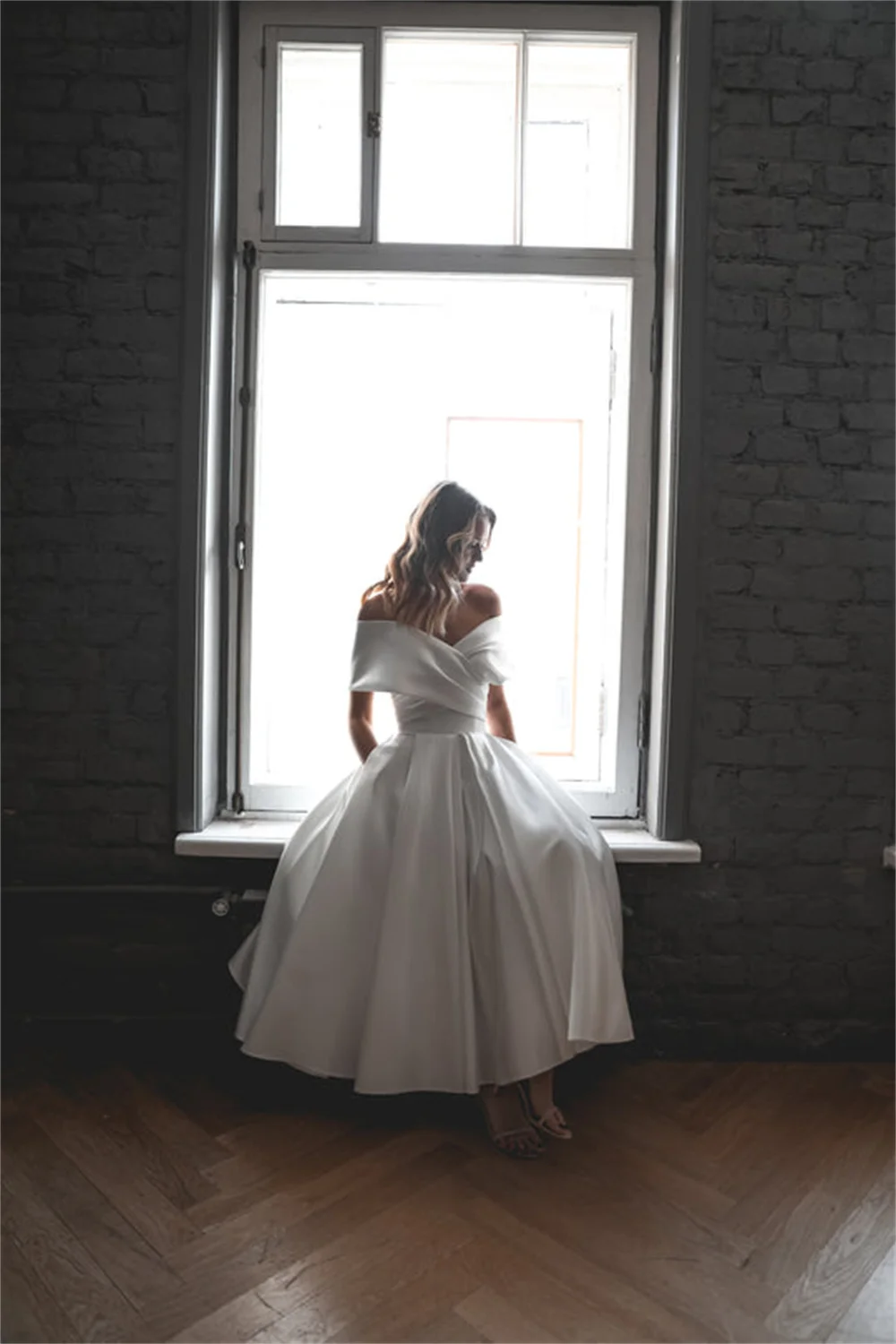 Top Trends: Satin Off The Shoulder Wedding Dress Pleat A-Line Mid-Calf Bridal Lace Up Dresses With Pocket Sexy Back Civil Bride Custom Gown Shoppable Styles - Image 4