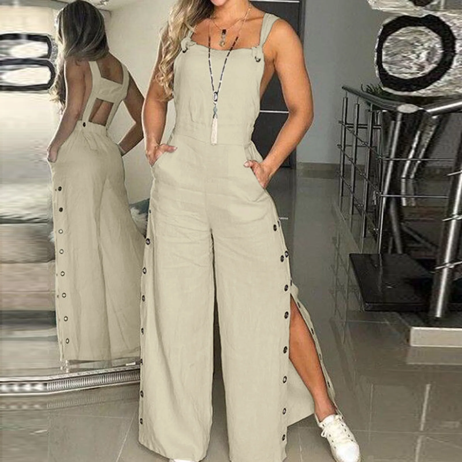 Top Trends: Button Jumpsuit Spaghetti Long Camis Pocket Summer Vintage Loose Wide Leg Overall Jumpsuit Playsuits Pocket Bodysuits Women Shoppable Styles