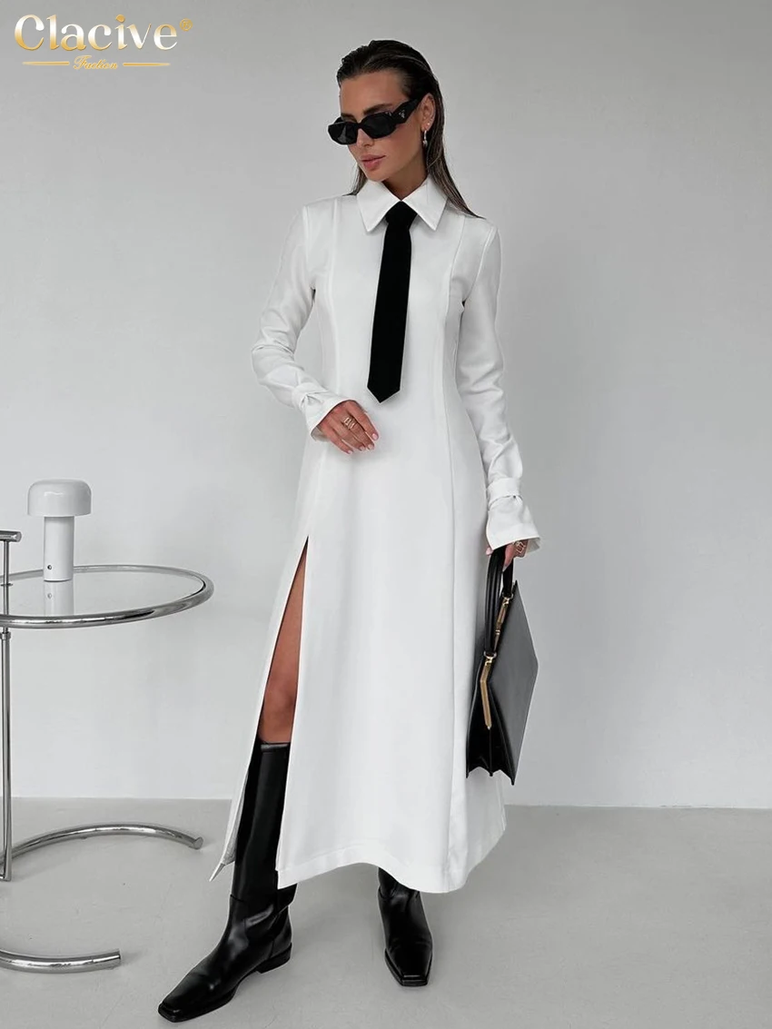 Top Trends: Clacive Fashion Slim White Office Dress Casual Lapel Long Sleeve Ankle Length Dress Elegant Classic Slit Dresses For Women 2024 Shoppable Styles