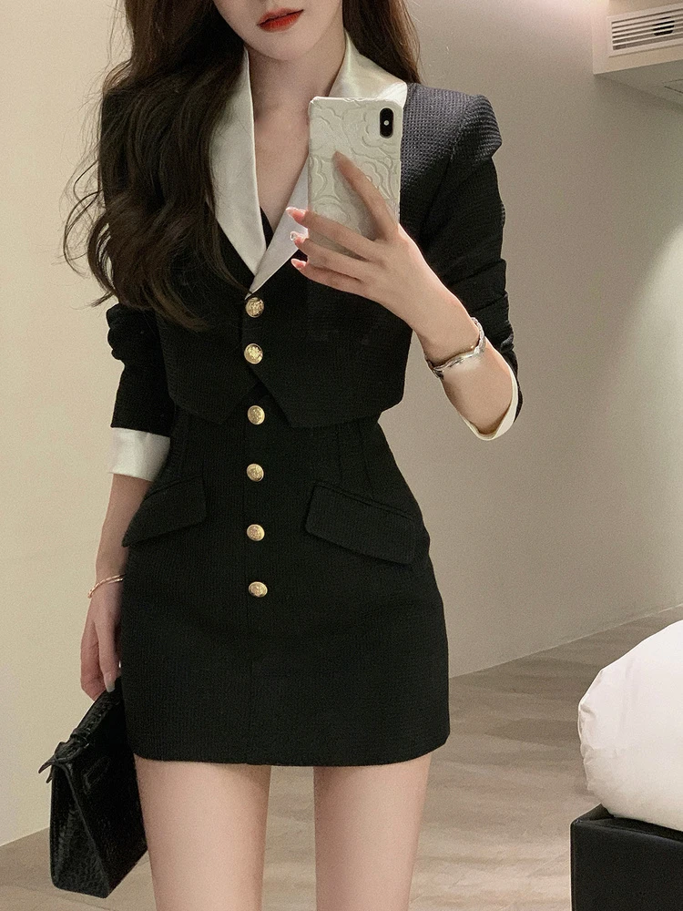 Top Trends: Black Y2k Mini Skirt Set Women Casual Korean 2 Piece Dress Set Crop Tops Jacket Tops + Short Skirts Elegant Suit 2022 Autumn New Shoppable Styles