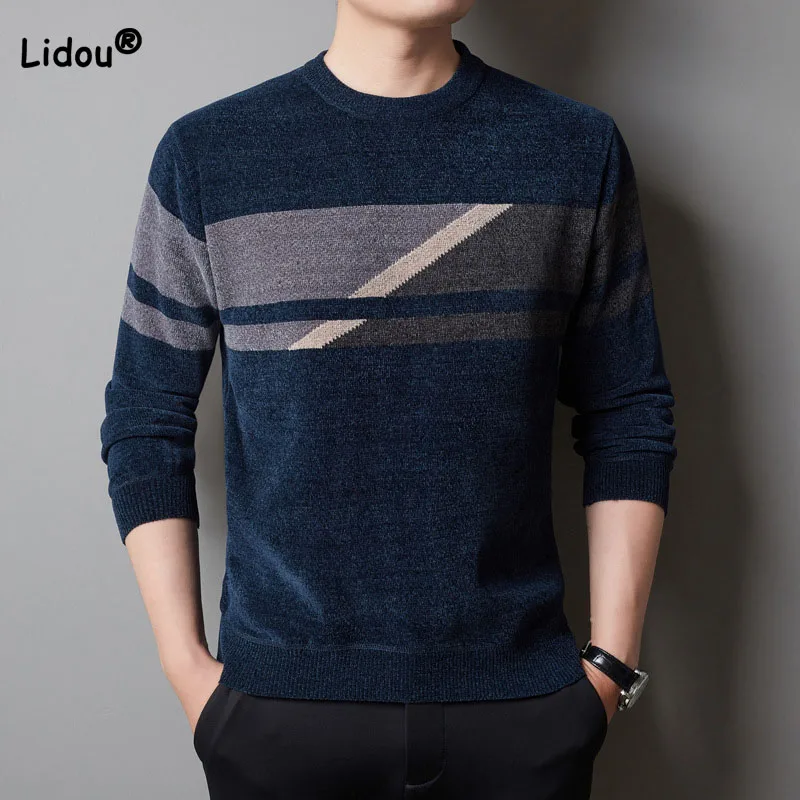 Top Trends: Male Clothes Business Office Fashion Round Neck Contrast Color Sweaters Autumn Winter Men&#039;s Warm Long Sleeve Knitted Pullovers Shoppable Styles