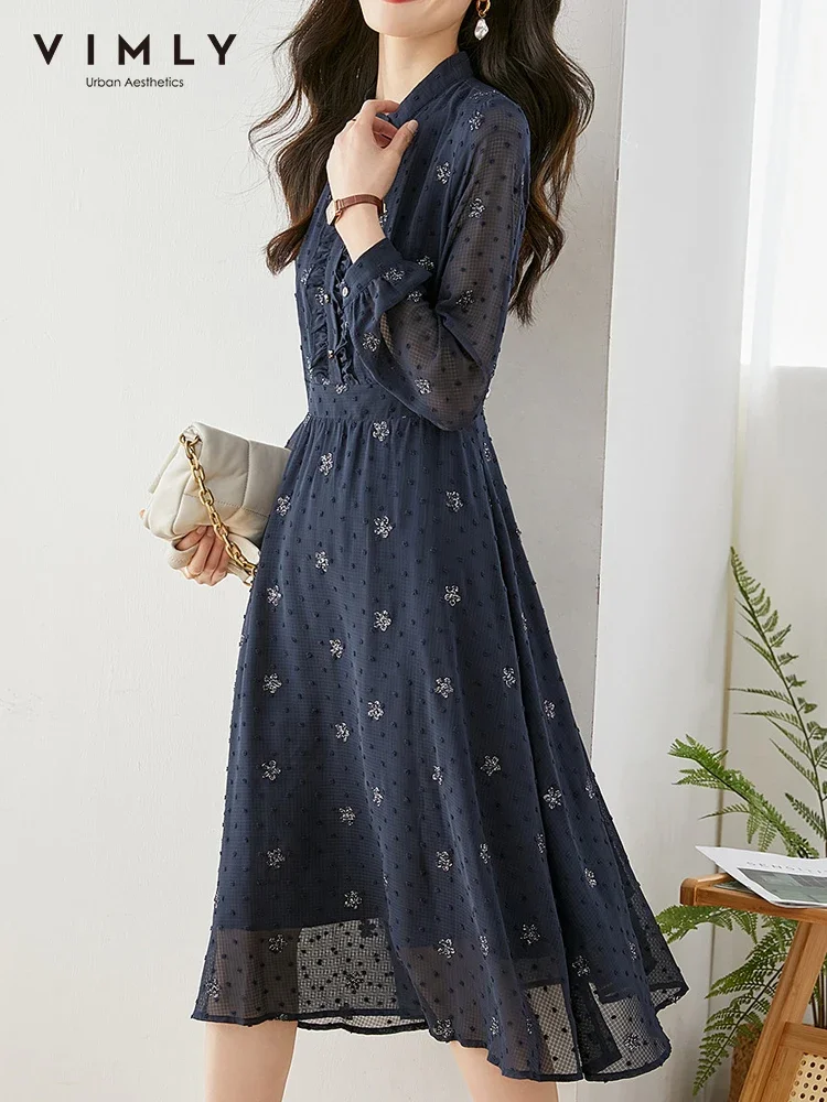 Top Trends: Vimly Embroidery Floral Chiffon Dresses For Women 2023 Spring Autumn Long Sleeve Elastic Elegant Midi Dress Women's Clothing Shoppable Styles