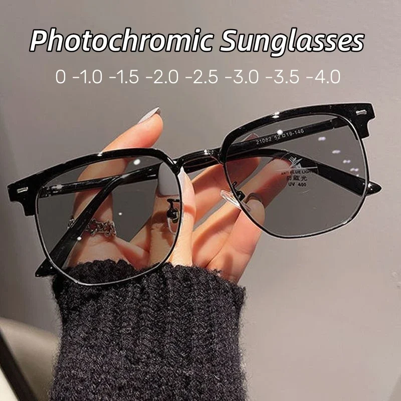 Top Trends: Fashion Trendy Blue Light Blocking Sunglasses Prescription Eyeglasses Ladies Photochromic Myopia Glasses Near Sight 0 To -4.0 Shoppable Styles