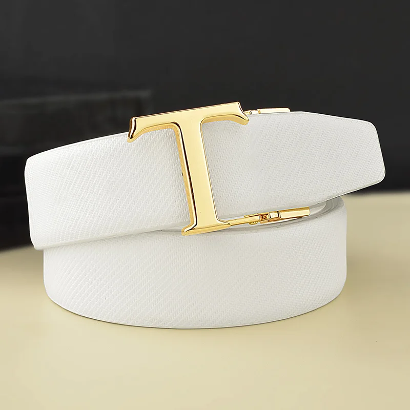 Top Trends: High Quality Personality T Letter Men's Fashion Leather Designer Belt Young Students Luxury Famous Brand White Ceinture Homme Shoppable Styles