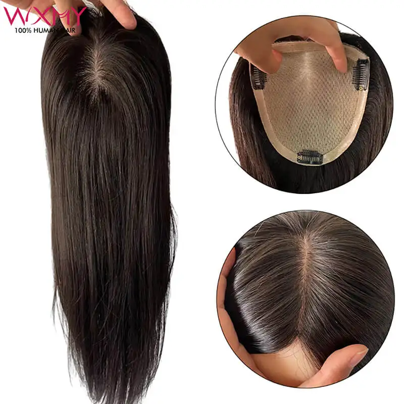 Top Trends: Straight Hair Toppers For Women Skin Silk Base Human Hair Topper With 3 Clips Hairpins Remy Virgin Human Hair Pieces 6-20Inch Shoppable Styles