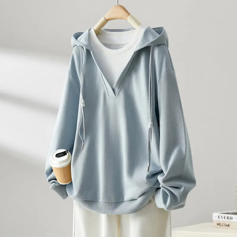 Top Trends: 2023 New Spring And Autumn Minimalist Patchwork Color Contrast Long Sleeved Loose Casual Oversized Fake Two-piece Sweatshirt Shoppable Styles