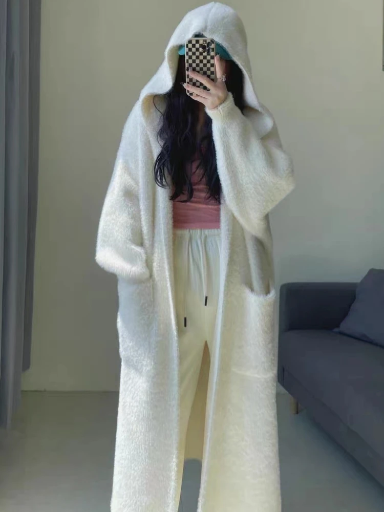 Top Trends: Hooded Autumn Winter Sweater Cardigan Long Women Korean Batwing Sleeve Synthetic Mink Cashmere Fluffy Knitted Cardigan Femme Shoppable Styles