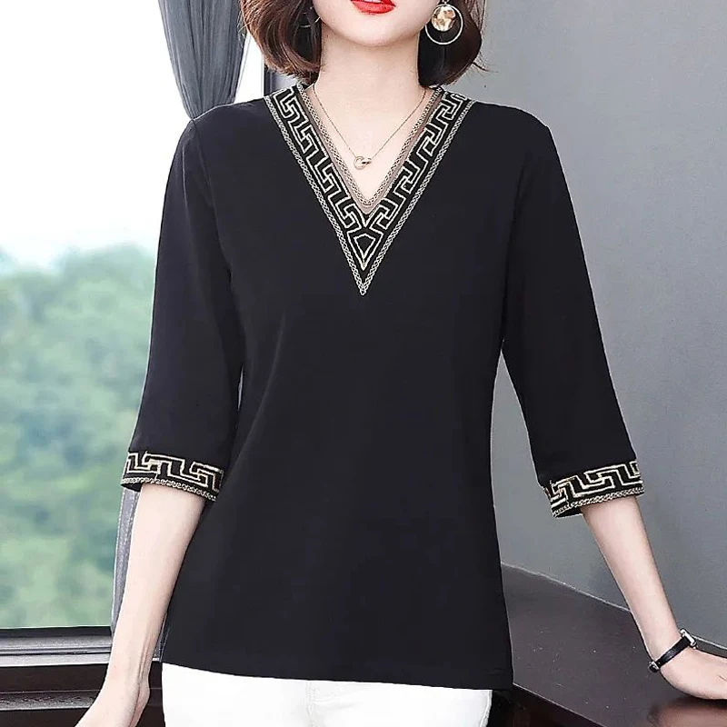 Top Trends: Women&#039;s Clothing 2023 Summer Fashion Black Vintage Embroidery Elegant T-shirts Simple Casual V Neck Half Sleeve Loose Chic Tops Shoppable Styles