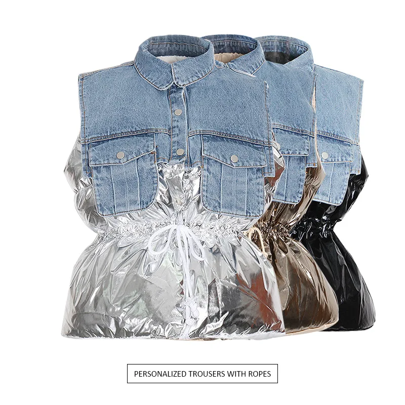 Top Trends: Denim Patchwork Vest Puffer Coat Silvery Women Bubble Jackets 2023 Fall Winter High Street Activewears Outfits Bomber Jackets Shoppable Styles