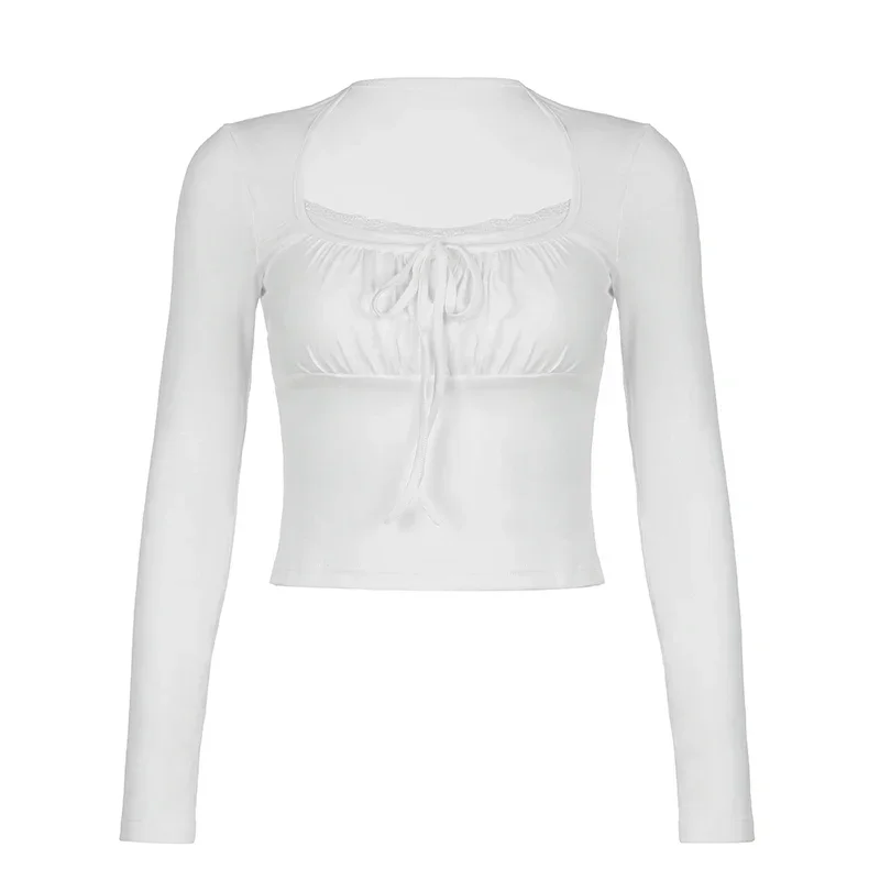 Top Trends: Korean White Lace Patched Female T-shirt Slim Basic Sweet Folds Autumn Tee Cute Top Coquette Clothes Front Tie-Up Y2K Shoppable Styles - Image 5