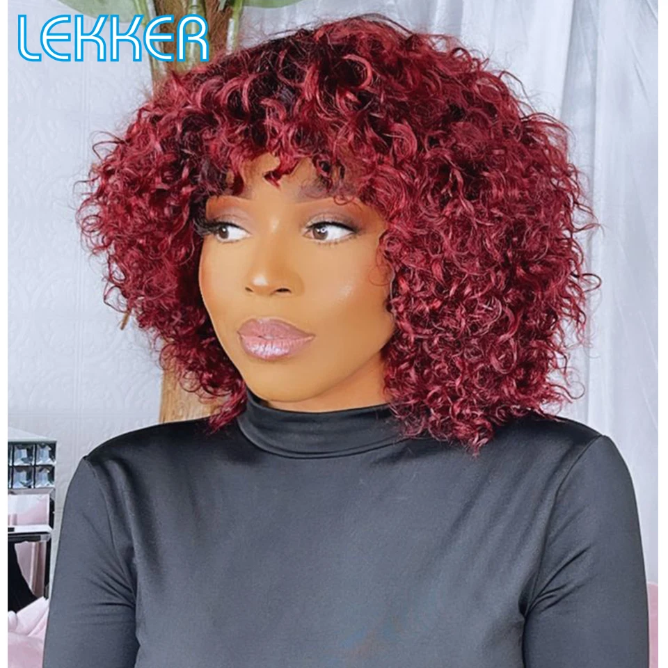 Top Trends: Lekker Burg Red Short Kinky Curly Bob Human Hair Wig For Women Wear To Go Glueless Brazilian Remy Hair Fluffy Curly Bangs Wigs Shoppable Styles - Image 5