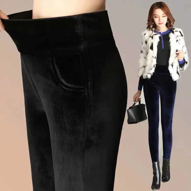 Top Trends: Office Lady Pleuche Two-sided Plus Fleece Slim Pencil Pants Autumn Winter Women Clothing High Waist Solid Fashion Casual Trouser Shoppable Styles