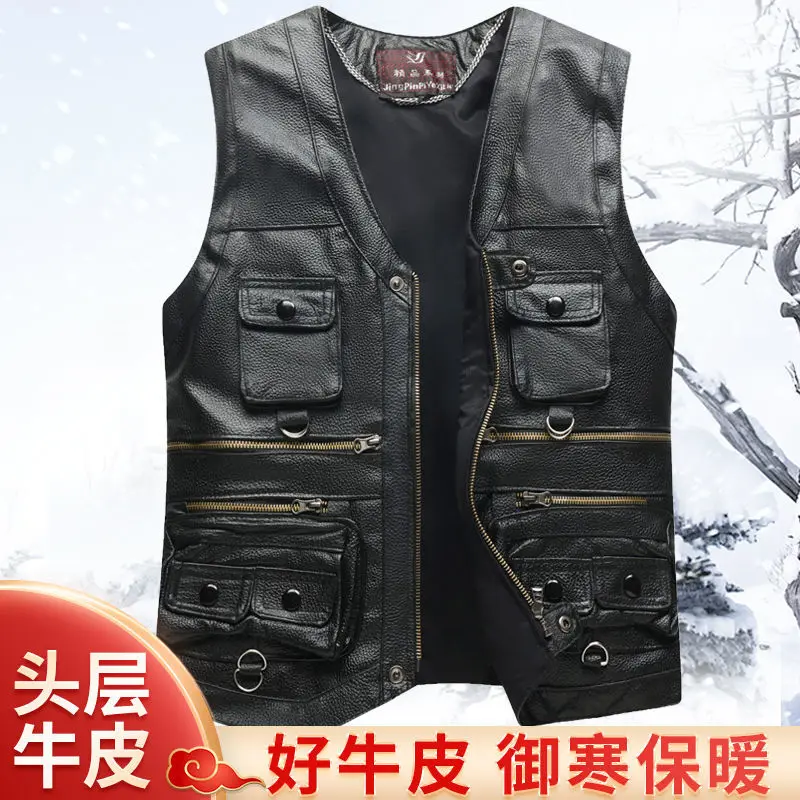 Top Trends: Men's Genuine Leather Vest Keep Warm In Autumn And Winter Top Layer Cowhide Spring And Autumn Multiple Pockets Photography Shoppable Styles - Image 4