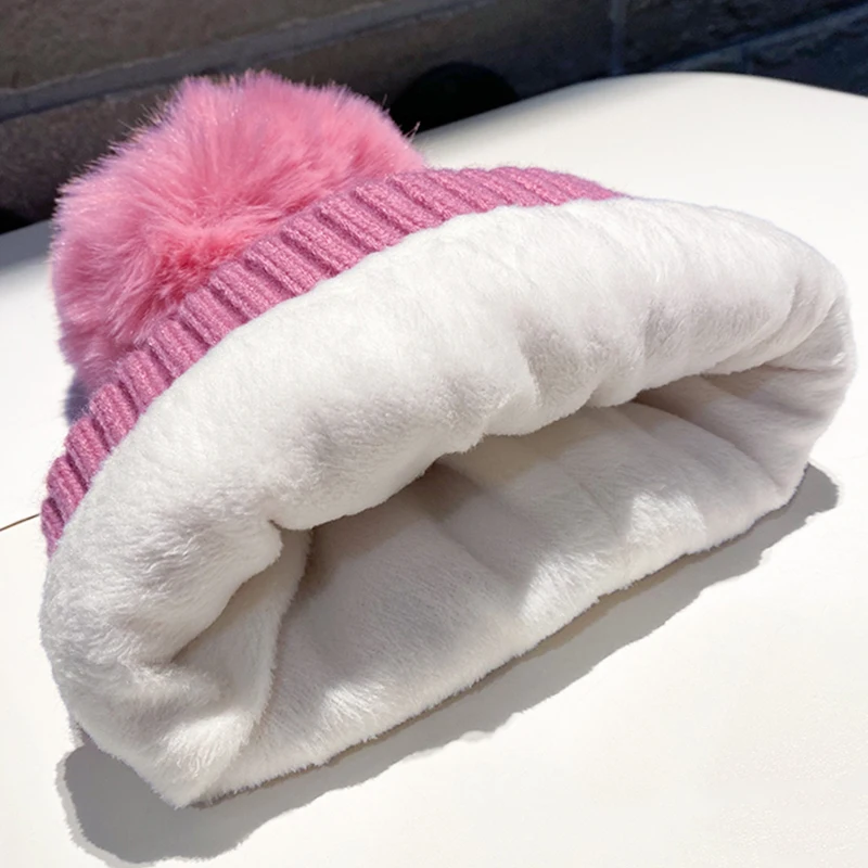 Top Trends: Women's Knitted Fur Pom Ball Hats Winter Warm Plush Thermal Thicken Casual Beanies Caps Outdoor Windproof Skullies Bonnet Cap Shoppable Styles - Image 4