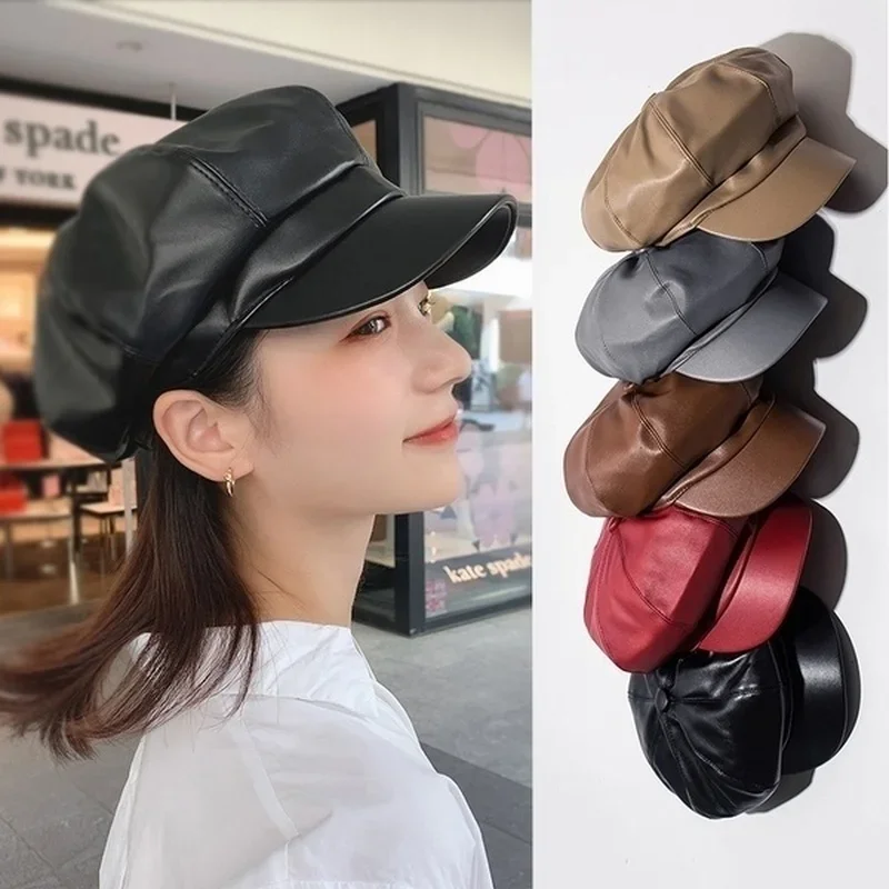 Top Trends: PU Octagonal Cap Female Fashion Leather Cap Duck Tongue Cap Beret Women Hat Winter Hat Shoppable Styles