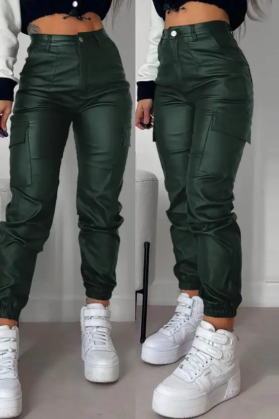 Top Trends: Women's Long Cargo Pant 2023 Personalized Street Trends Pocket Design Cuffed Pu Leather Pants Autumn Winter High Waist Pants Shoppable Styles - Image 3